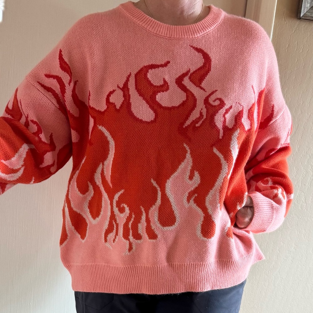 Aqua Blues Livia Pink Red Flame Fire Jacquard Crewneck Pullover Sweater XL